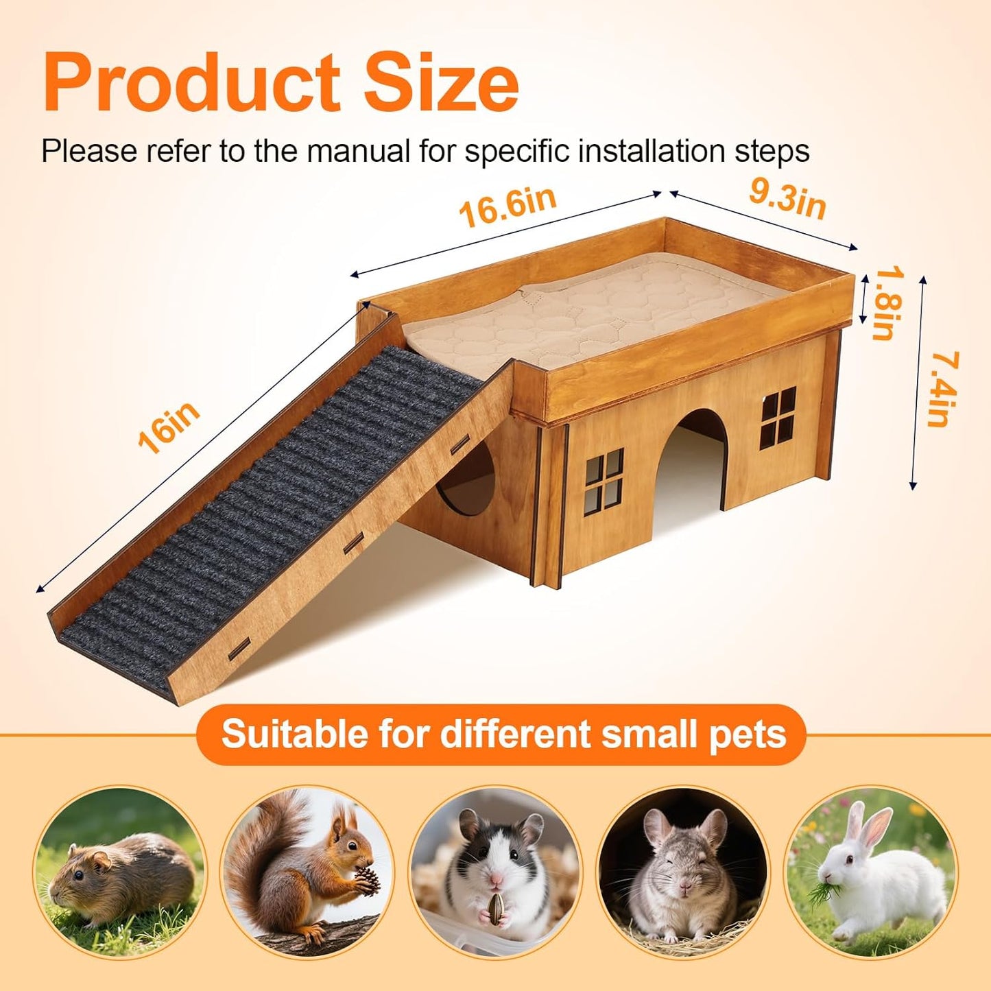 Wooden Guinea Pig Hideout, Large Hamster Hideout, Small Animal House Habitats with Stairs, Upgraded Pets Hut Castle for Guinea Pig, Bunny, Chinchillas, Hamster, Rabbit