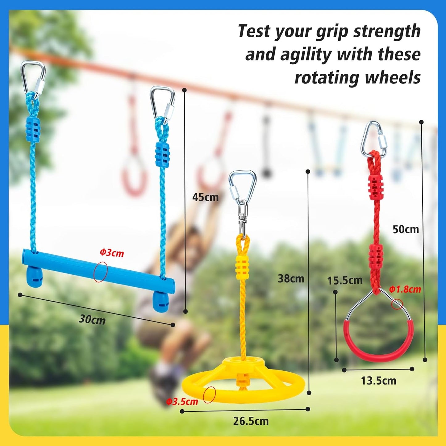 Ninja Obstacle Course Attachments - 7 Course Rings, 2 Monkey Bars, 2 Warrior Wheels, Outdoor Training Set