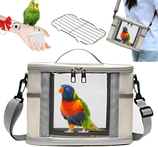 Bird Travel Carrierm, Small Bird Travel Backpack Carrier Cage with Tray and Breathable Clear Window, for Parakeet Cockatiel Budgies, for Camping Hiking (Large-White)