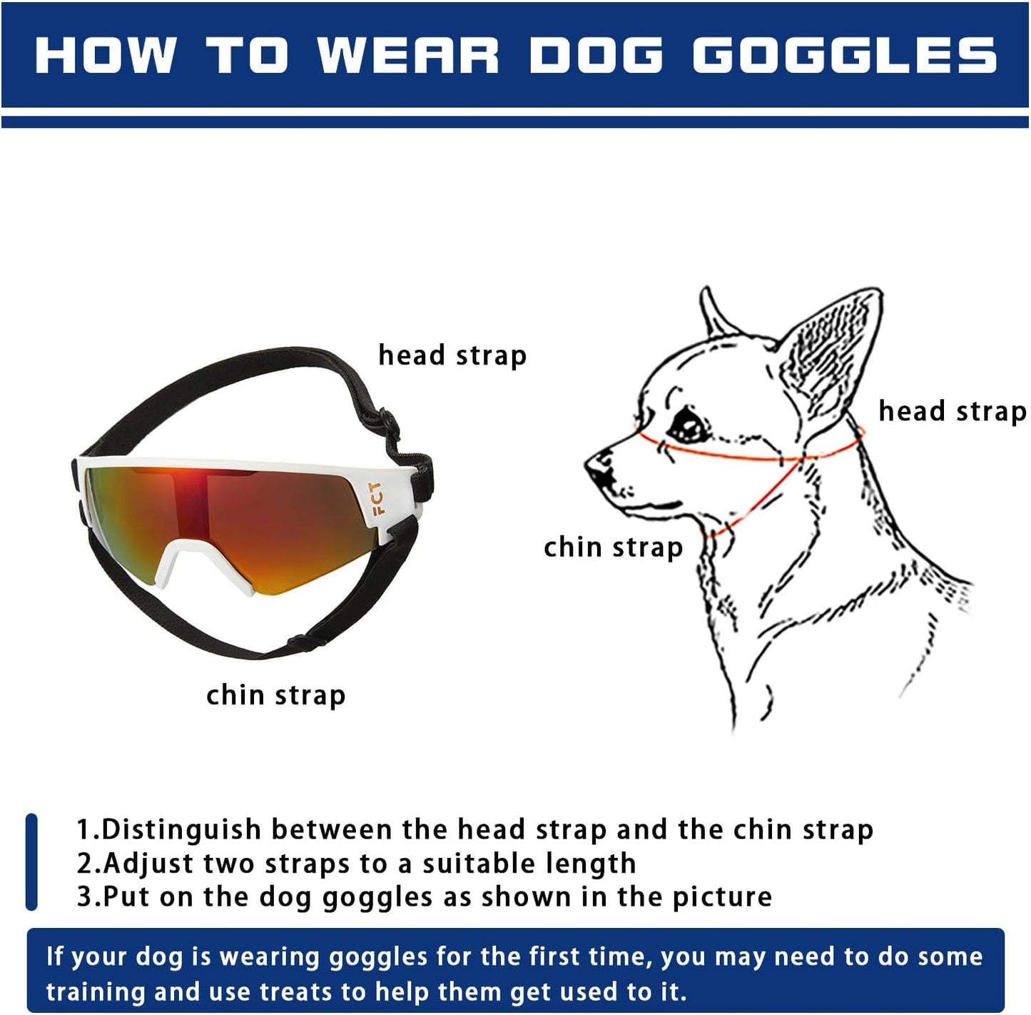 Dog Goggles for Small to Medium Breed, Dog Sunglasses UV Protection, Windproof & Anti-Fog, Puppy Sunglasses with Padded Frame and Adjustable Straps for Outdoor Riding, Driving(White)