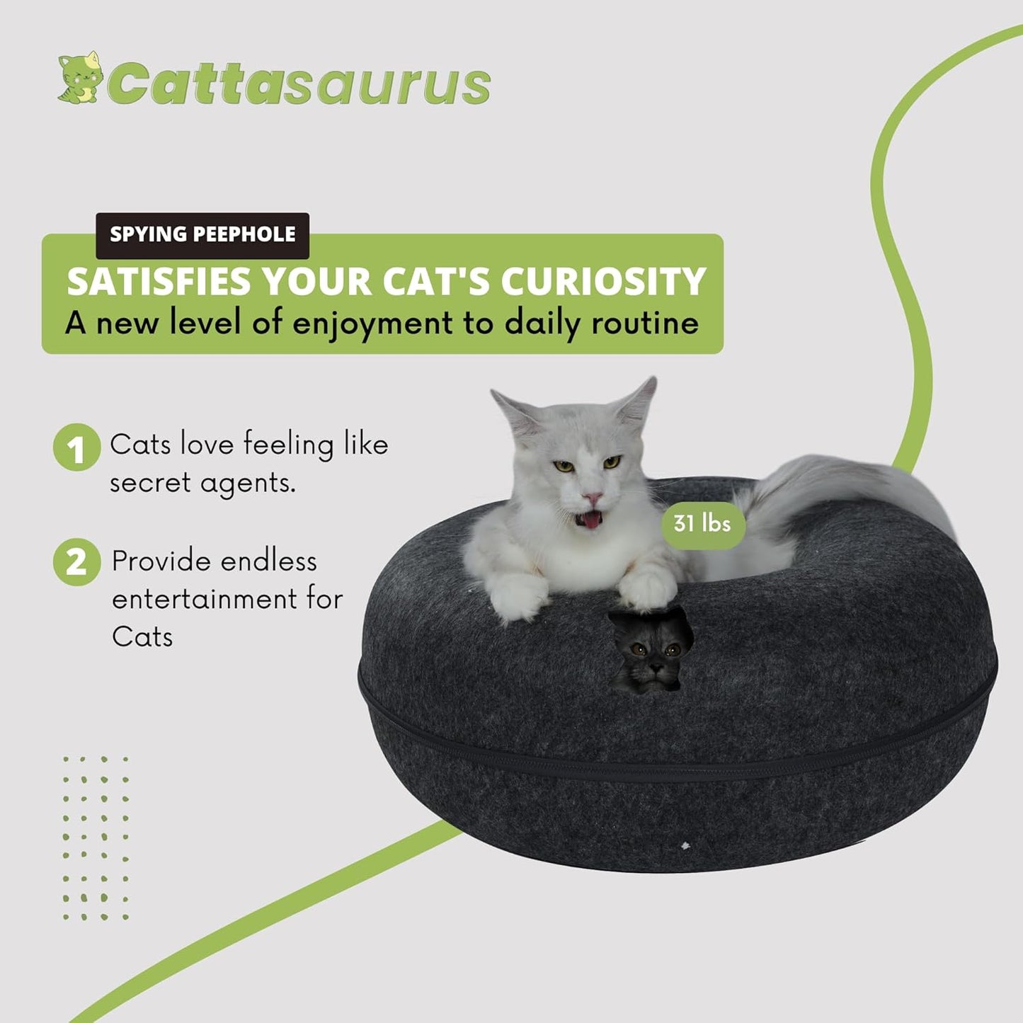 Cattasaurus Peekaboo Cat Cave, Extra Spacious for Multiple & Large Cats 12+ lbs, Scratch Detachable Beds for Indoor Cats, Washable Tunnel Bed, Comfy Cat Donut Tunnel (Dark Gray+Dark Gray, Jumbo)