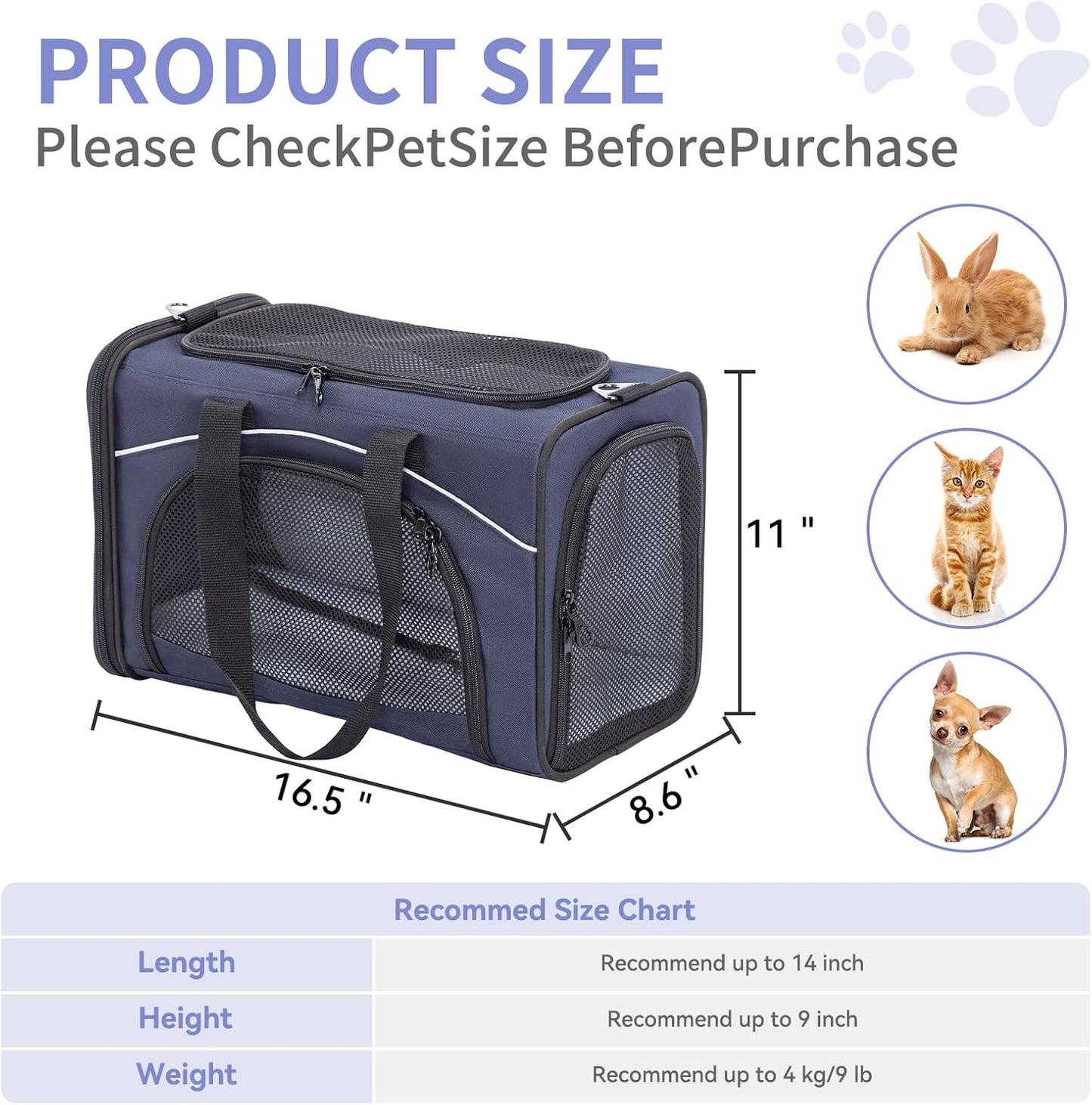 Petsfit Airline Approved Pet Carrier for Small Cats, 16.5x8.6x11 TSA Approved Carrier, with Removable Dual-Sided Padding (2-Way Placement) - Fits Under Most Airplane Seats, Escape Proof (Navy)