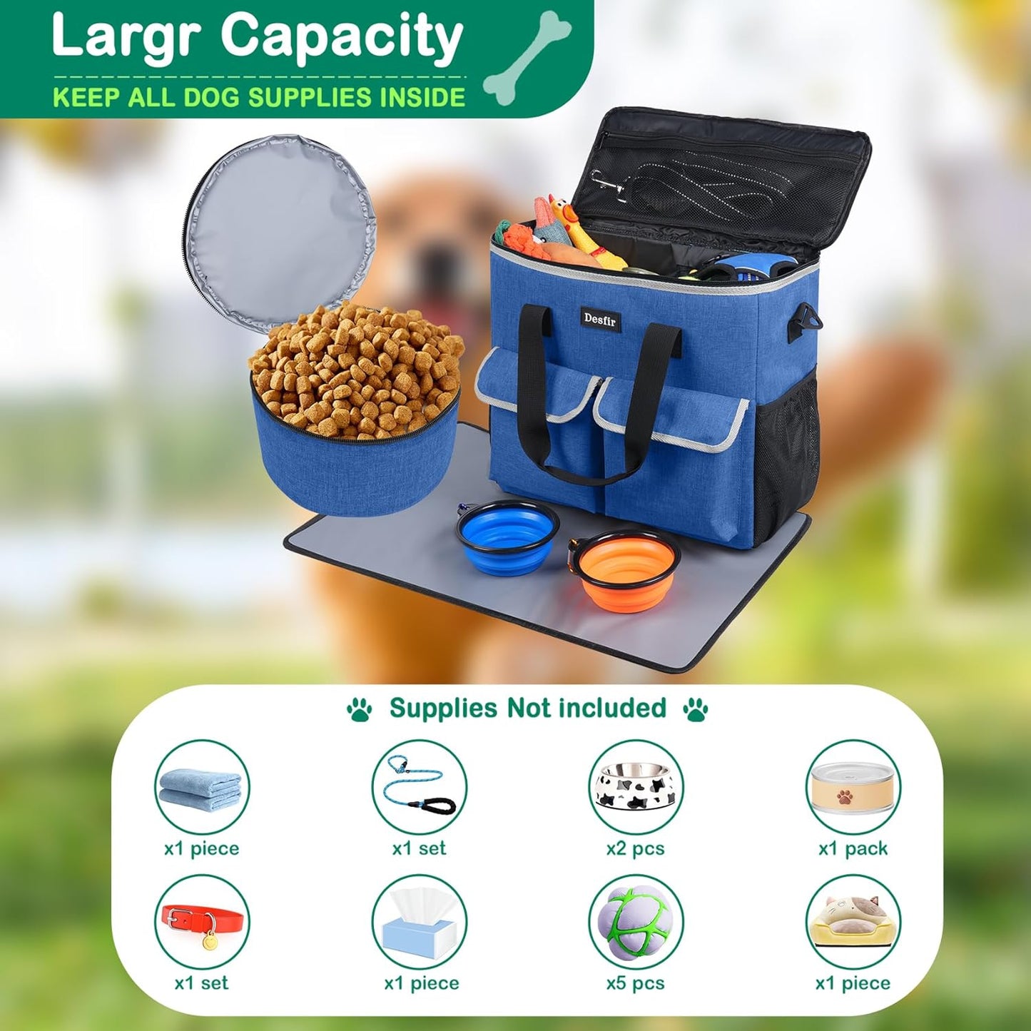 Large Pet Travel Bag Organizer - Dog & Cat Tote with Food Containers, Bowls, Feeding Mat, Perfect for Camping, Hiking (Multi-Pocket Design)