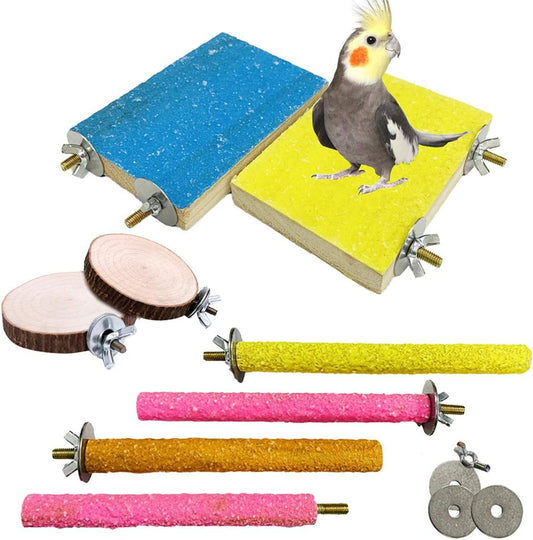 Hamiledyi 8 PCS Bird Perch Stand Toy Wood Parrot Paw Grinding Stick Perch Stand Platform Parakeet Cage Accessories Exercise Toys for Budgies Cockatiel Conure