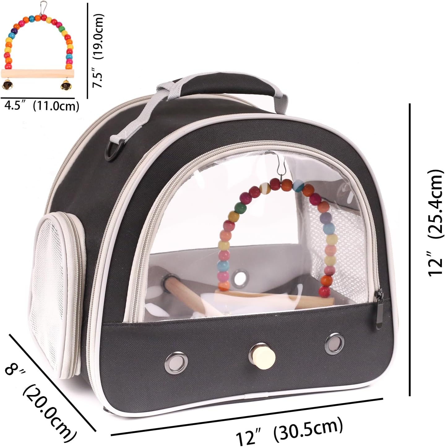 Portable Parrot Travel Cage Carrier with Small Swing Toy&Cage Colorful Toys Set Small Bird Parakeet Bag with Standing Perch Bird Carry Transport Bag (Black, Carreir/Swing)