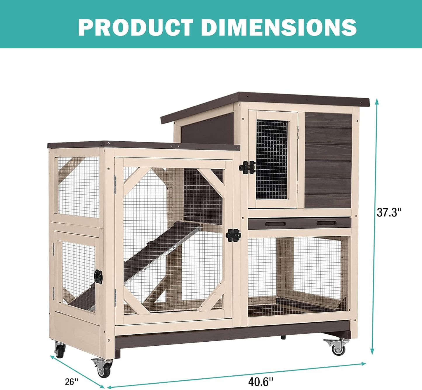 Rabbit Hutch Indoor for 2-4 Rabbits & Guinea Pigs,Bunny Cage with Slide-Out Plastic Trays,Wooden Small Animal Cage for Rabbits, Bunnies, and Guinea Pigs (Dark Brown)