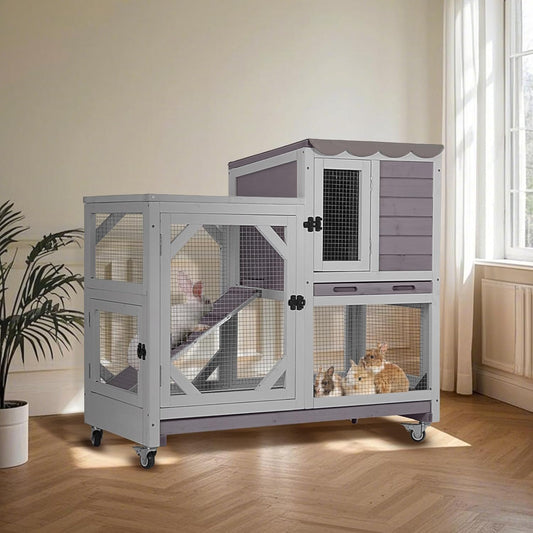 Rabbit Hutch Indoor for 2-4 Rabbits & Guinea Pigs,Bunny Cage with Slide-Out Plastic Trays,Wooden Small Animal Cage for Rabbits, Bunnies, and Guinea Pigs