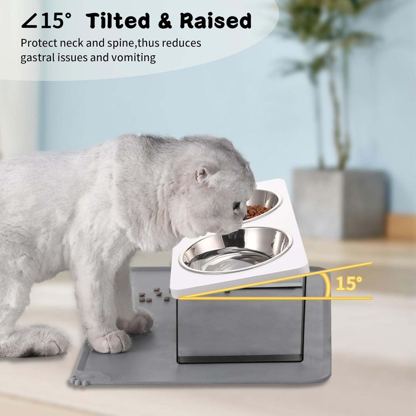Upgraded Elevated Cat Bowls with Food Mat,15°Tilted Stand Anti Vomiting Raised Cat Dishes for Food and Water,2 Stainless Steel Bowls for Cats and Puppy(White)