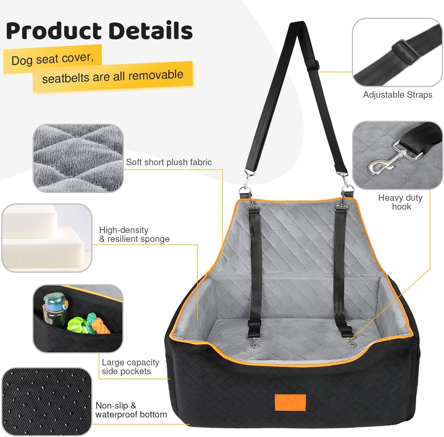 Dog Car Seat for Large/Medium Dog, Booster Seat for Dogs Under 55Lbs or 2 Small, Detachable and Washable Travel Pet Seat with Thick Cushion and Storage Pockets (Black/Gray)