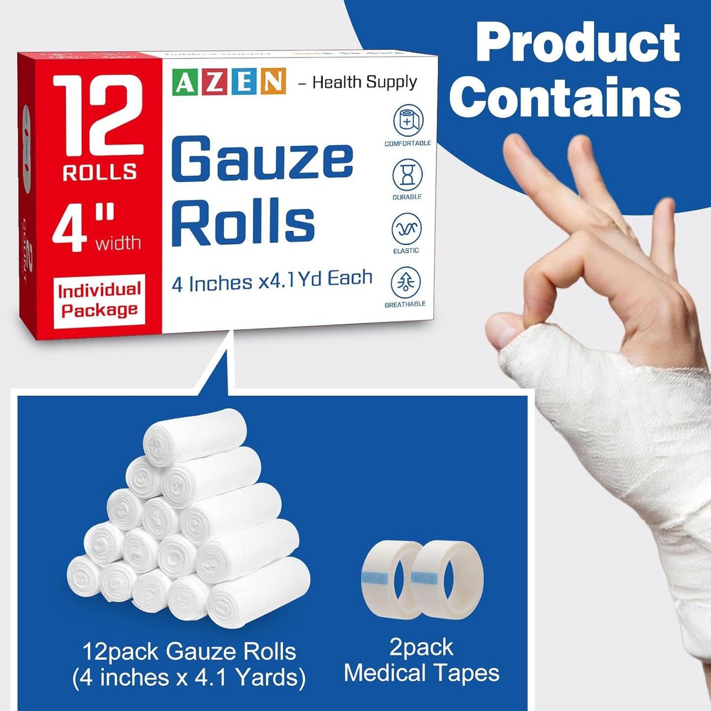 AZEN 12 Pack Gauze Rolls Bandages, 4 in x 4.1 Yards, Premium Medical Supplies & First Aid Supplies, Bandage Wrap Vet Wrap, Mummy Wraps