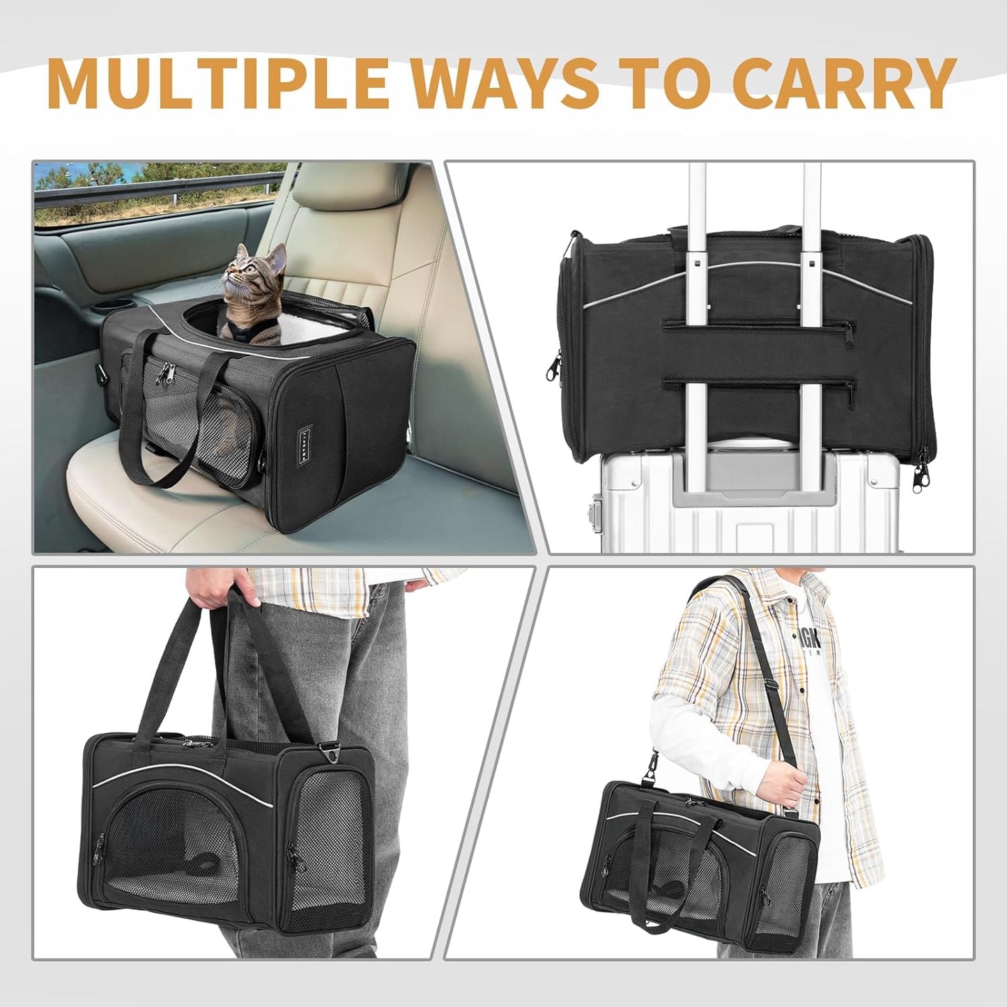 Petsfit Airline Approved Pet Carrier for Small Cats, 16.5x8.6x11 TSA Approved Carrier, with Removable Dual-Sided Padding (2-Way Placement) - Fits Under Most Airplane Seats, Escape Proof (Black)