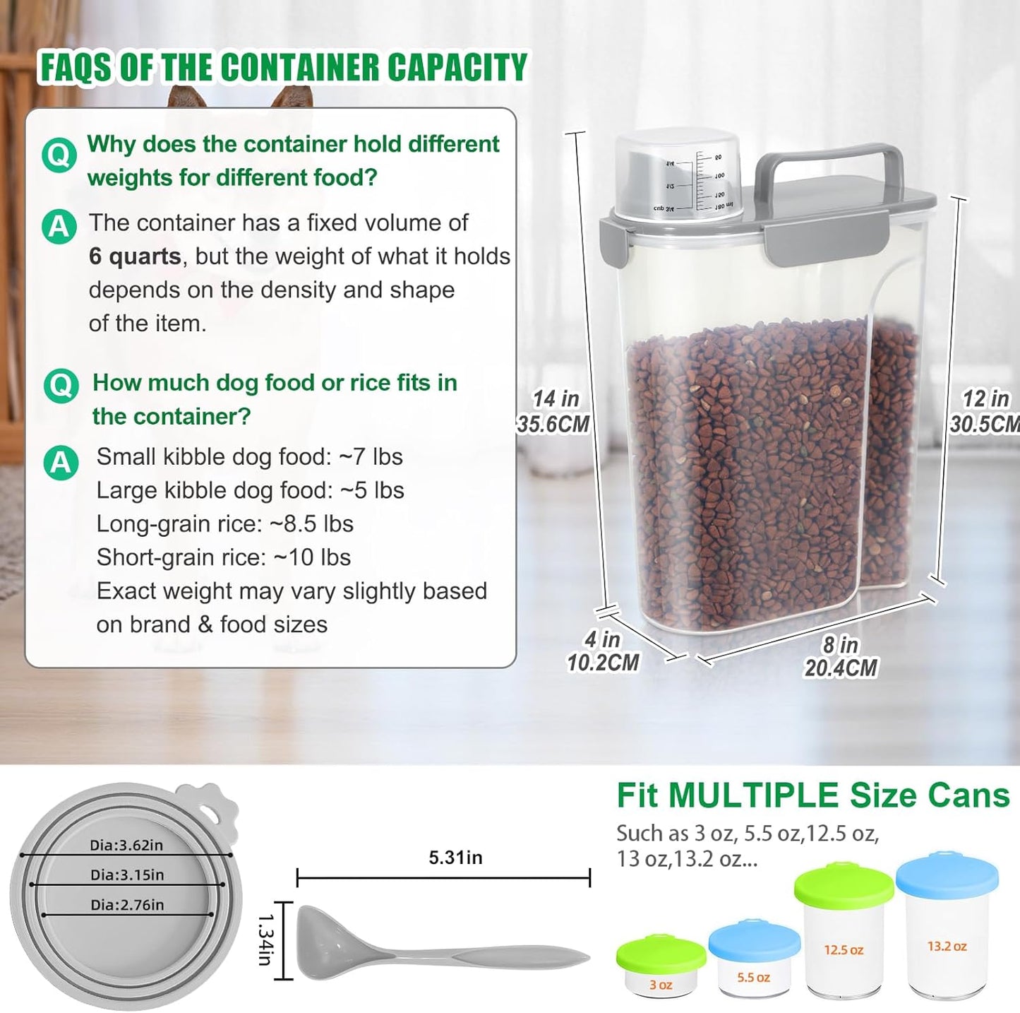 TBMax Cat Dog Food Storage Container 5 to 7 lbs with Pet Can Cover and Mixing Spoon, Airtight Pet Food Bird Seed Dispenser, Portable Travel Kibble Container for Travel Daily Use