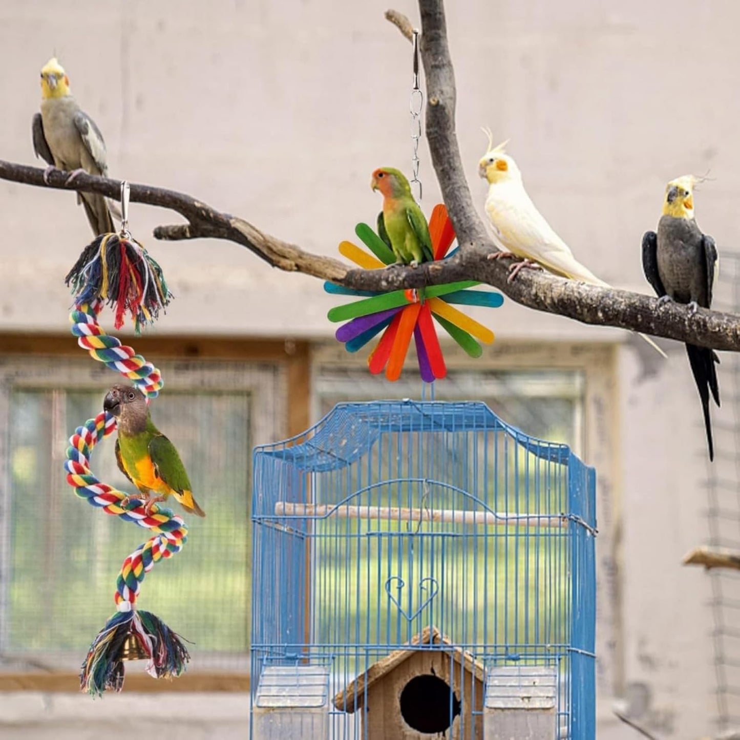 Lyellfe 7 Pieces Bird Chewing Toys, Bird Toys for Parakeets, Colorful Wood Parrot Foraging Shredder Toy Swing Hanging for Cockatiels, Budgerigar, Conures, Finches