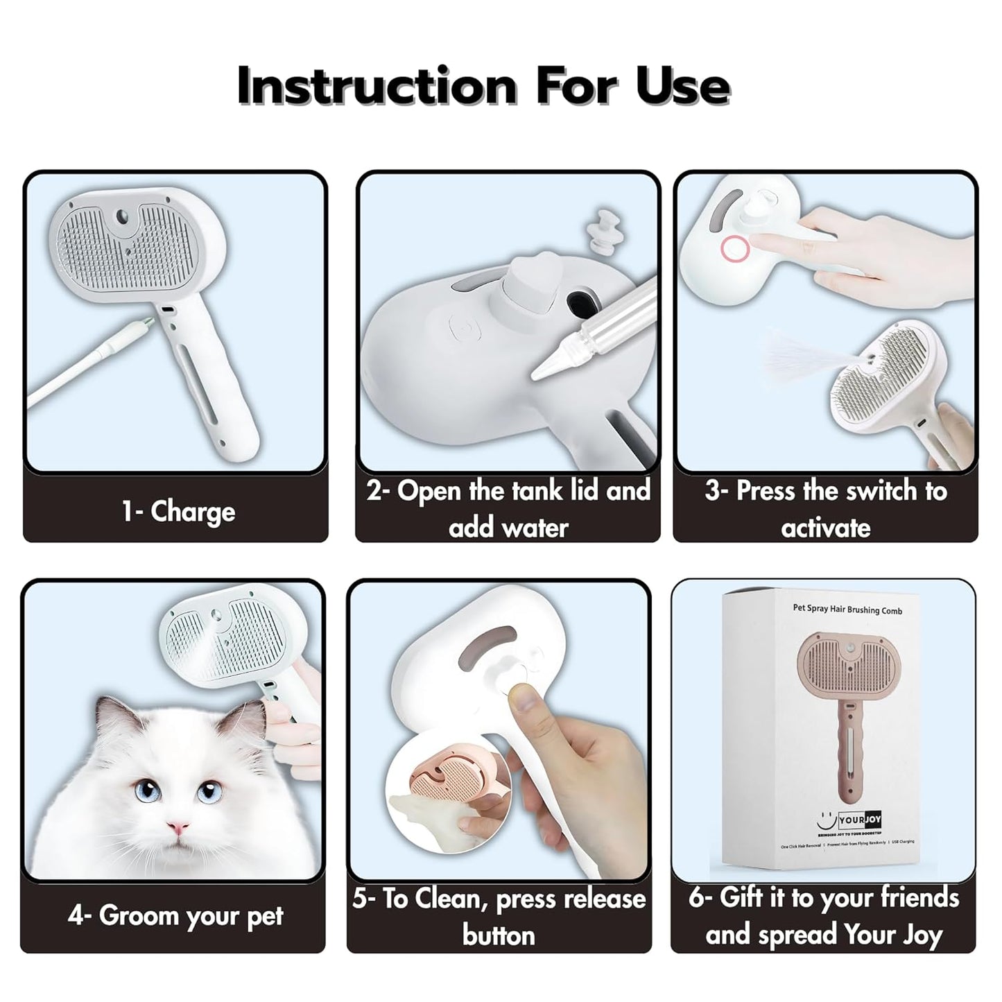 4 in 1 Cat Steam Brush: steam brush for cats, Grooming, Shedding, Mist Spray, Hair Removal Comb & Massager, USB Rechargeable Self Cleaning cat steam brushes for indoor cats - White