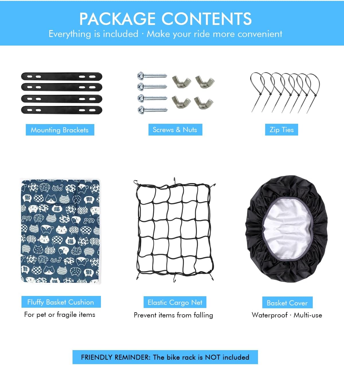 Rear Bike Basket, Tool-Free Install, Dog/Pet Carrier, Ebike Electric Bicycle Back Cargo Basket, Fits Most Rear Racks, with Waterproof Cover, Cargo Net