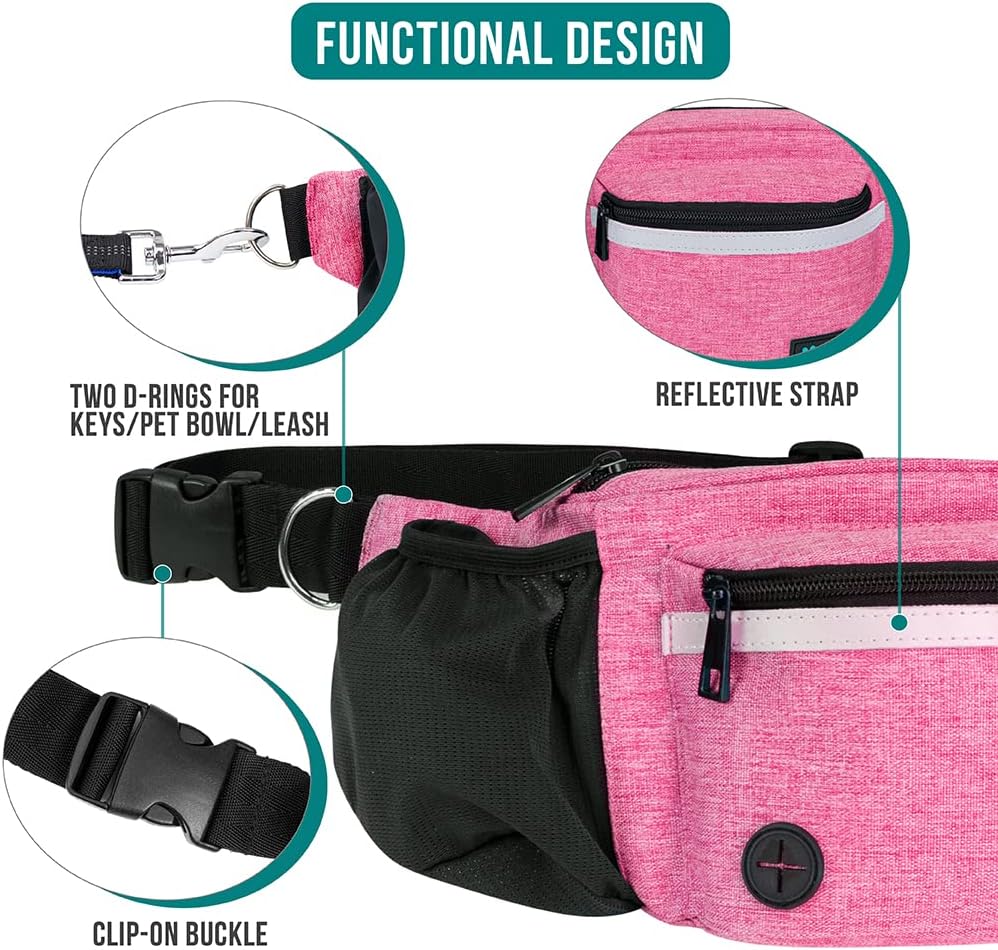 PetAmi Dog Fanny Pack, Treat Pouch for Dog Walking, Training, Built in Poop Bag Dispenser, Water Bottle Holder, Collapsible Bowl, Pet Treat Waist Belt for Hiking, Running, Kibbles (Pink)