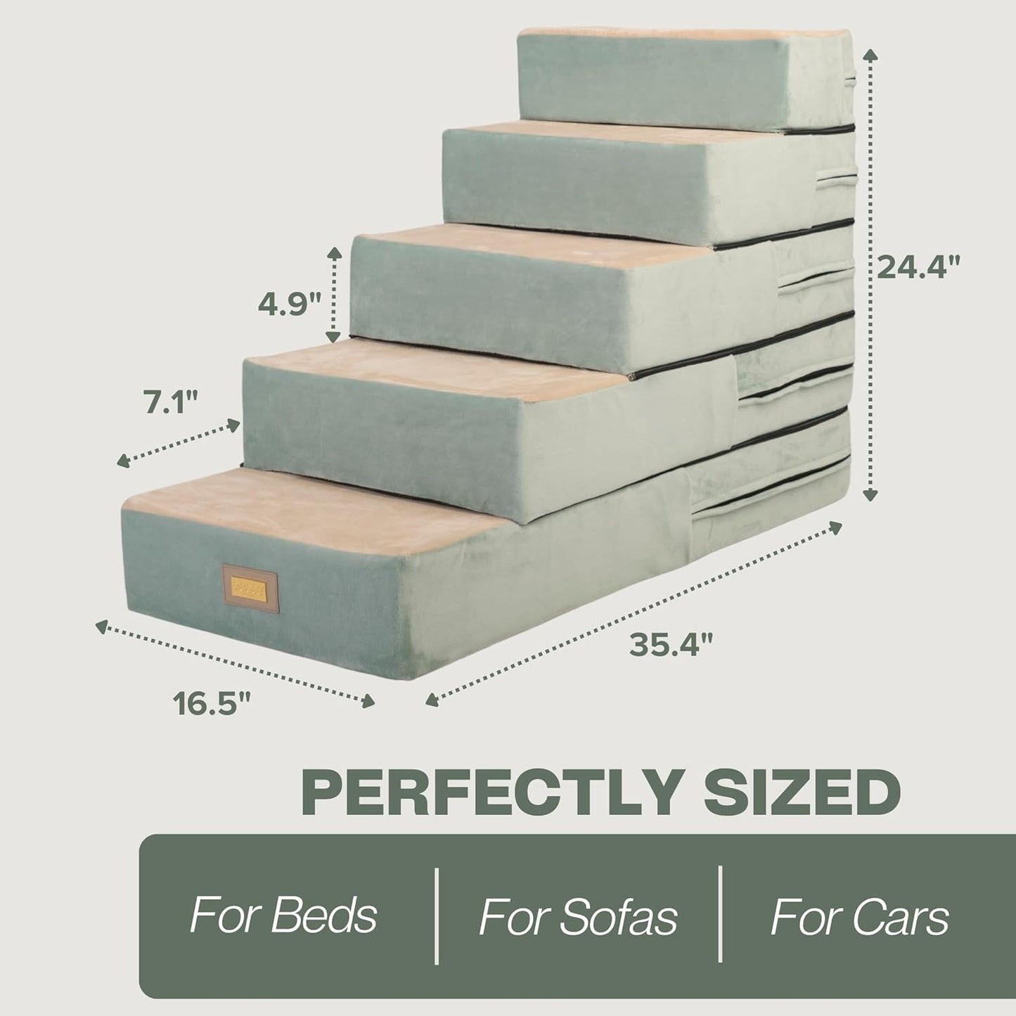 All-in-One Adjustable Dog Stairs – 5-Step Premium Pet Ramp for Small to Large Dogs – Sturdy, Non-Slip & Versatile for Beds, Sofas & More - Soft Cover, Modern Design (Green)