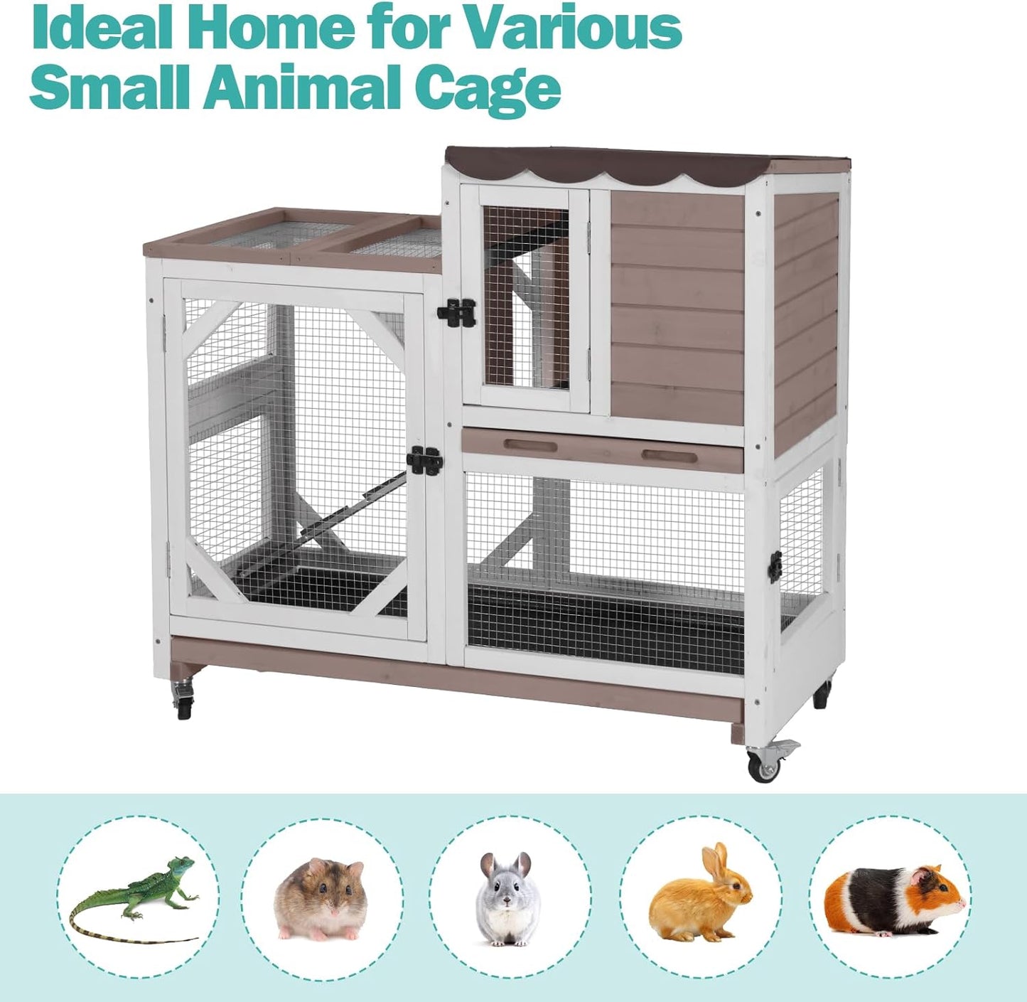 Rabbit Hutch Indoor for 2-4 Rabbits & Guinea Pigs,Bunny Cage with Slide-Out Plastic Trays,Wooden Small Animal Cage for Rabbits, Bunnies, and Guinea Pigs