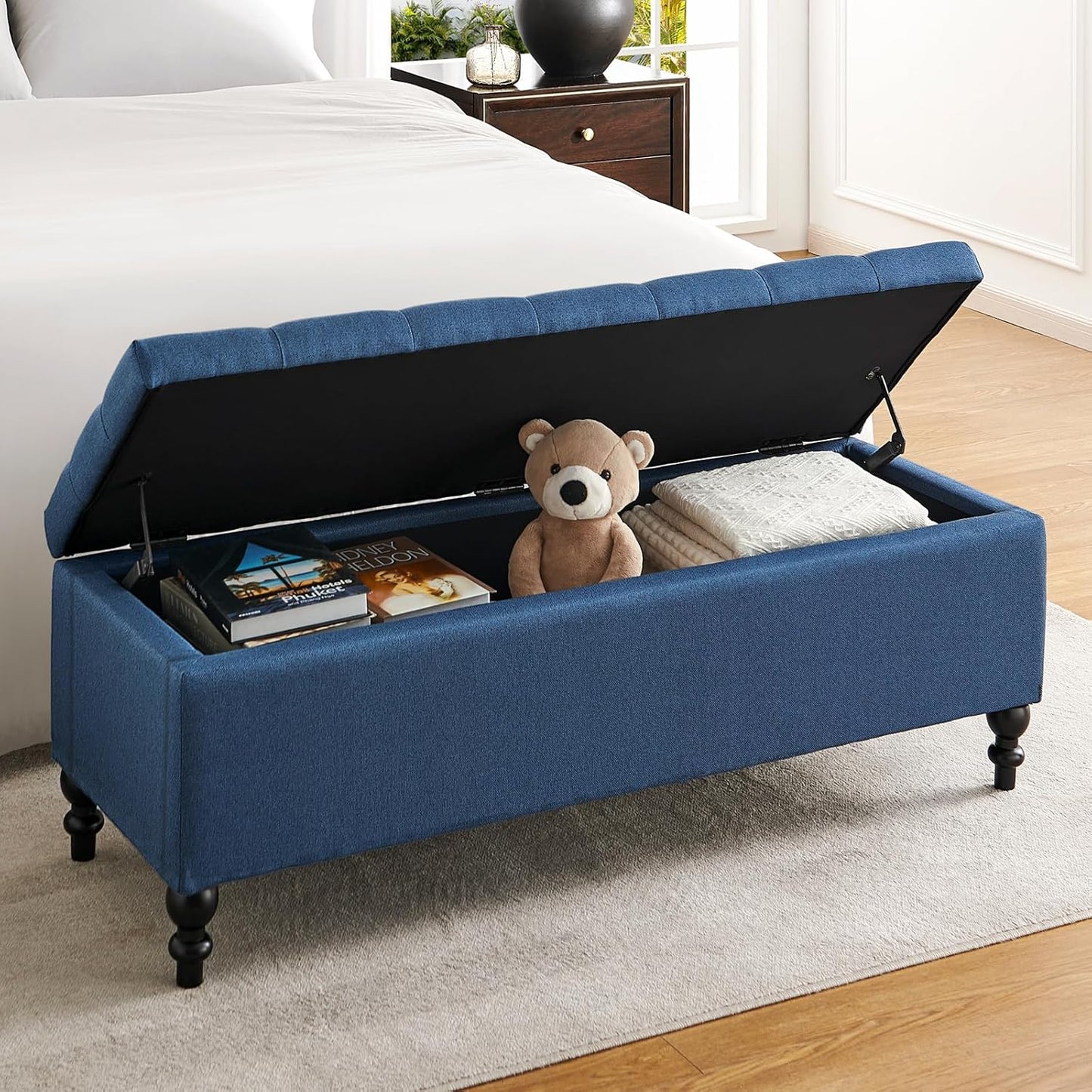 Ottoman with Storage,50.2-inch Upholstered End of Bed Storage Bench for Bedroom,for The Living Room,for Entryway, with Button and Safety Hinges,Detachable (Blue)