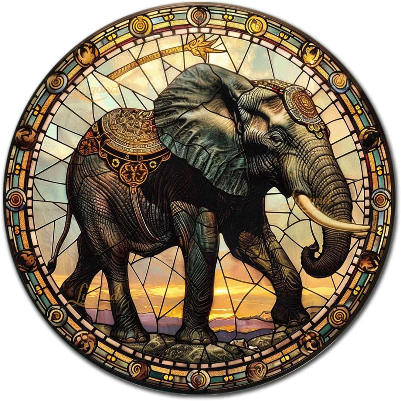 Lygond Metal Sign Tin Sign Circular Stained Glass Elephant Garden Tin Sign for Yard 8×8 Inches