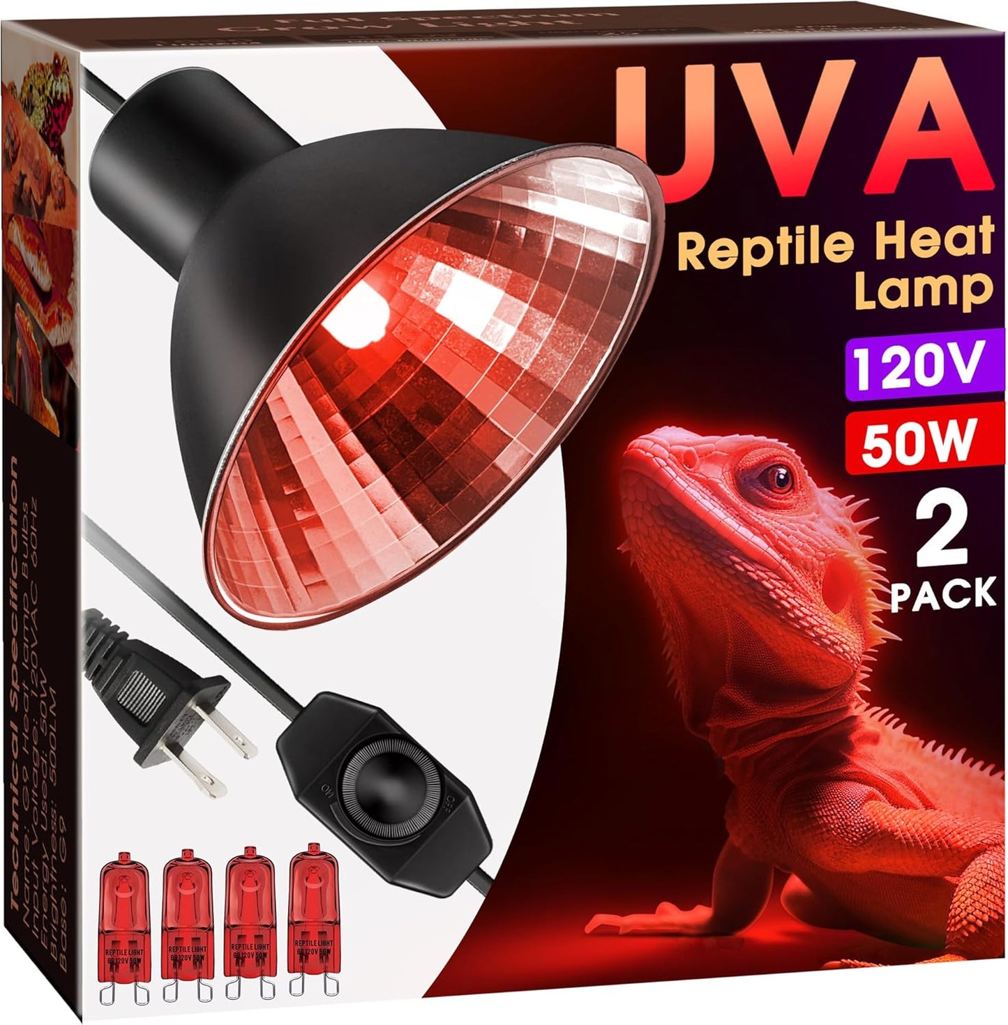 Briignite Reptile Heat Lamp Red, Reptile Night Lamp 50W, G9 Heat Bulb & Dome Reptile Light Fixture, Aluminum Reflector, Dimmable Heat Lamp for Chicken Turtle Snake Gecko Lizard, 2 Pack