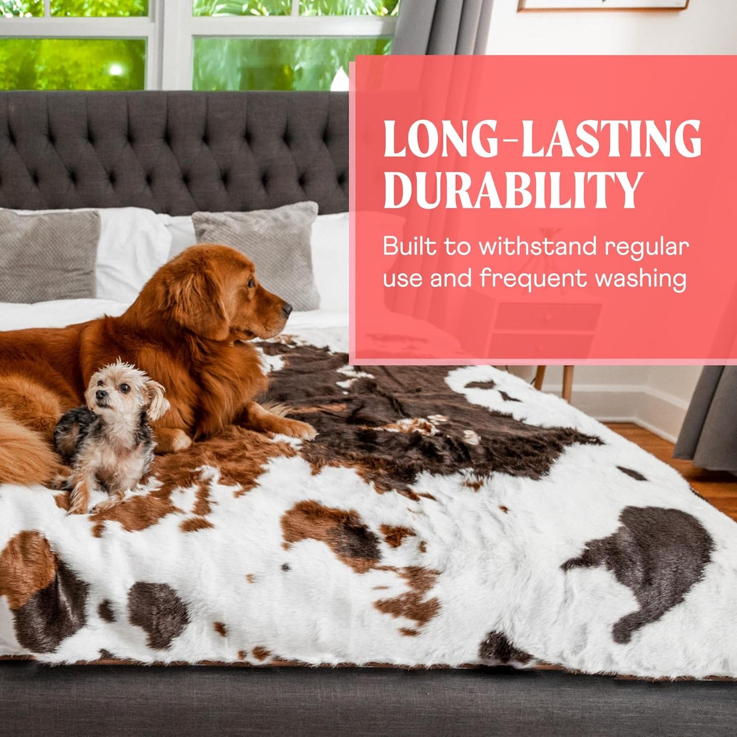 PupProtector Waterproof Throw Blanket for Dogs and Cats, Pet Blanket Cover for Couches, Sofas, Beds, Car Seats, Furniture, Calming Soft Faux Fur, Brown Cowhide, Large (80" L x 62" W)