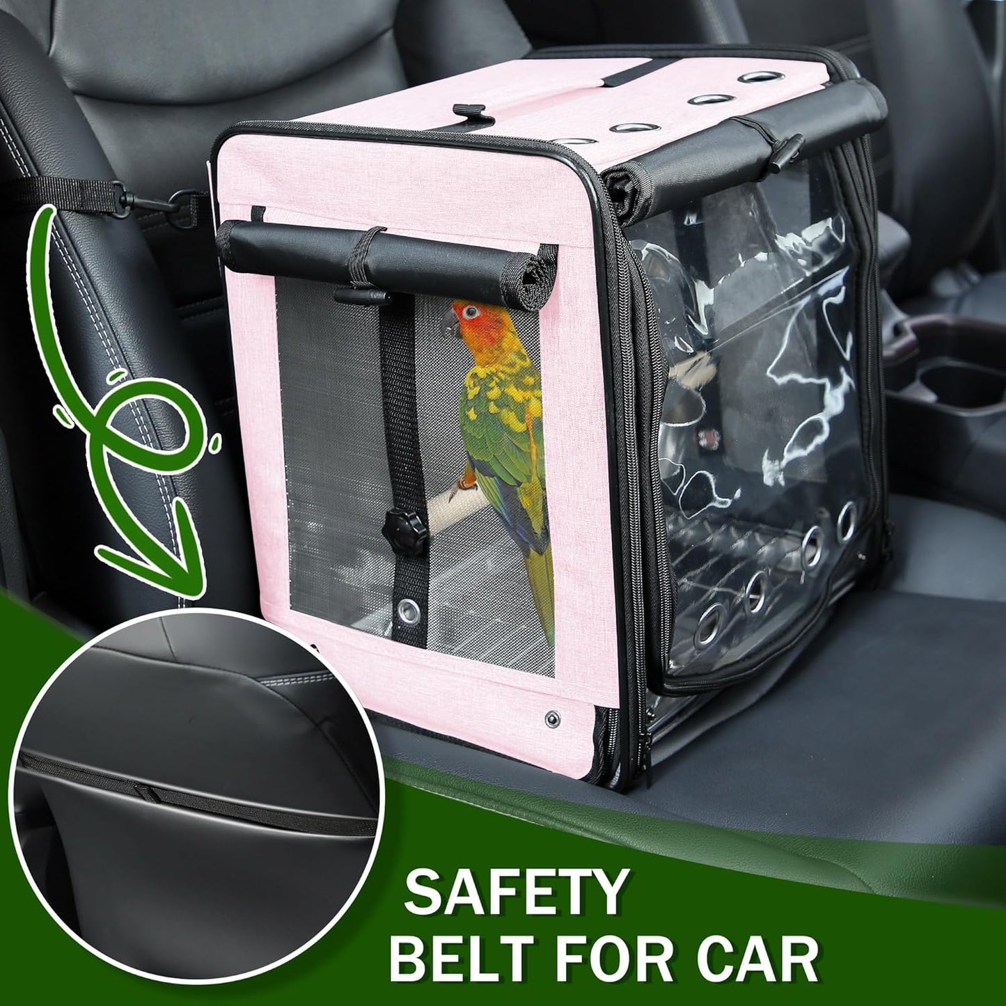 Suertree Bird Carrier with Seat Belt for Car Travel, Bird Backpack Carrier with Indestructible Stainless Steel Mesh, Large Bird Carrier Travel Cage, Pink