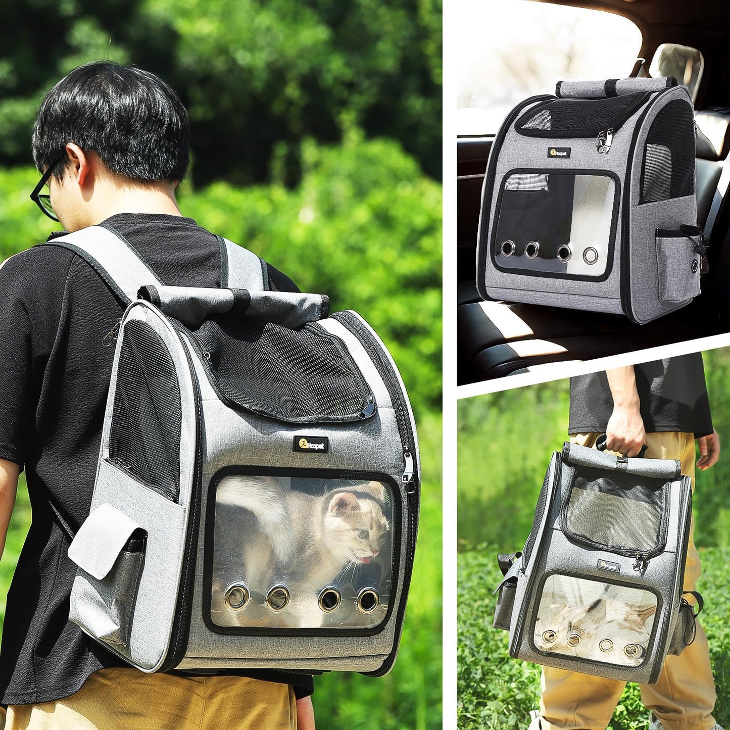 Hoopet Expandable Cat Backpack Carrier – Breathable Pet Carrier for Small Cats & Dogs, Foldable Travel Backpack with Mesh Ventilation for Hiking, Walking, Camping, Light Grey