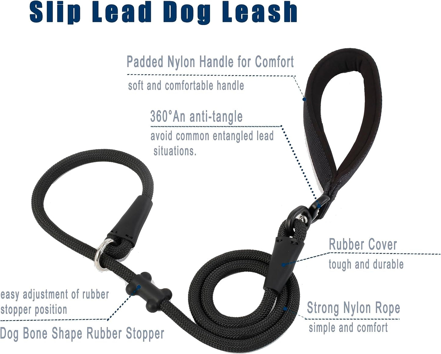 Slip Lead Dog Leash,Strong Nylon Rope Leash and Padded Handle,No Pull Outdoor Walking Training Lead for Small Medium Large Dogs(Black, 1/2"×4ft)