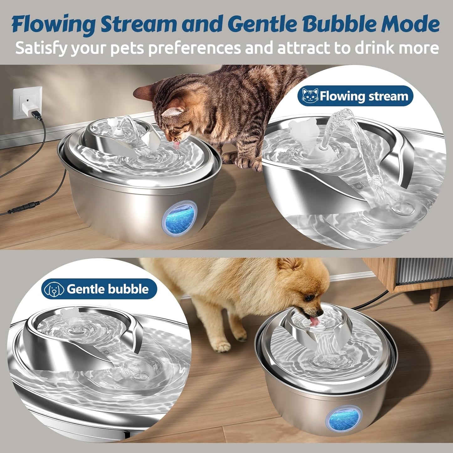ORSDA Stainless Steel Cat Water Fountain, Automatic Pet Drinking Fountain, 100oz/3L Dog Water Dispenser with LED Water Level Window- 9Pcs Filtersďź D66