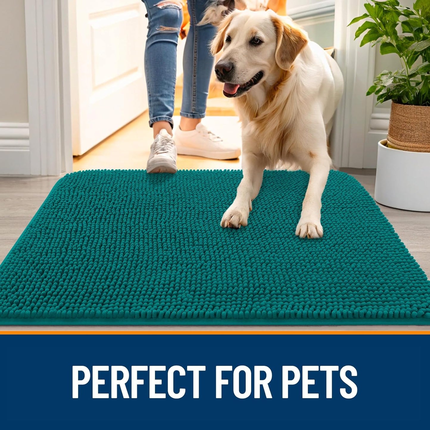 OLANLY Dog Door Mat for Muddy Paws 36x24, Absorbs Moisture and Dirt, Absorbent Non-Slip Washable Doormat, Quick Dry Chenille Mud Mat for Dogs, Entry Indoor Entryway Carpet for Inside Floor, Lake Blue