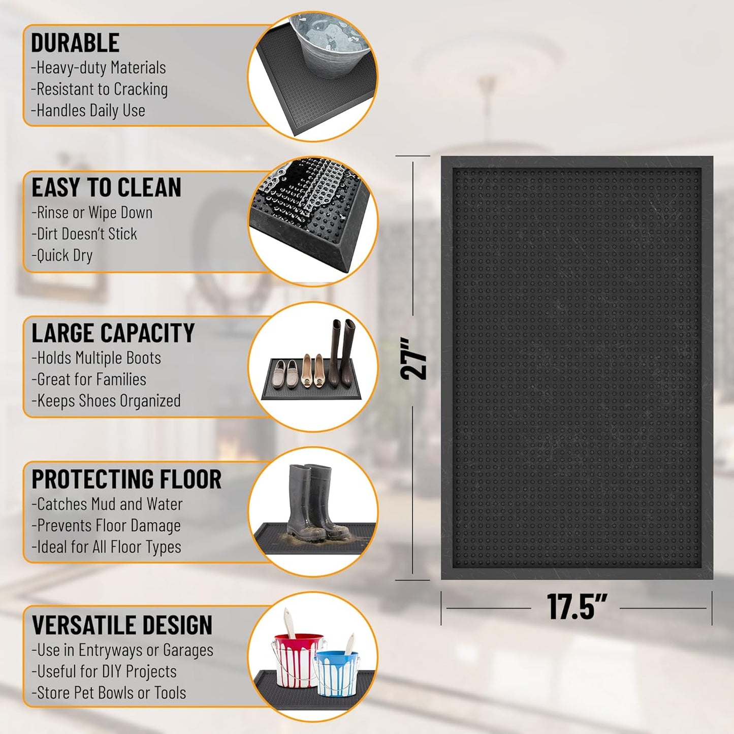 Ottomanson Indoor/Outdoor Boot Tray Non-Slip Doormat Modern Entryway Mat for Entryway Patio Backyard Garage, 17.5" x 27", Black