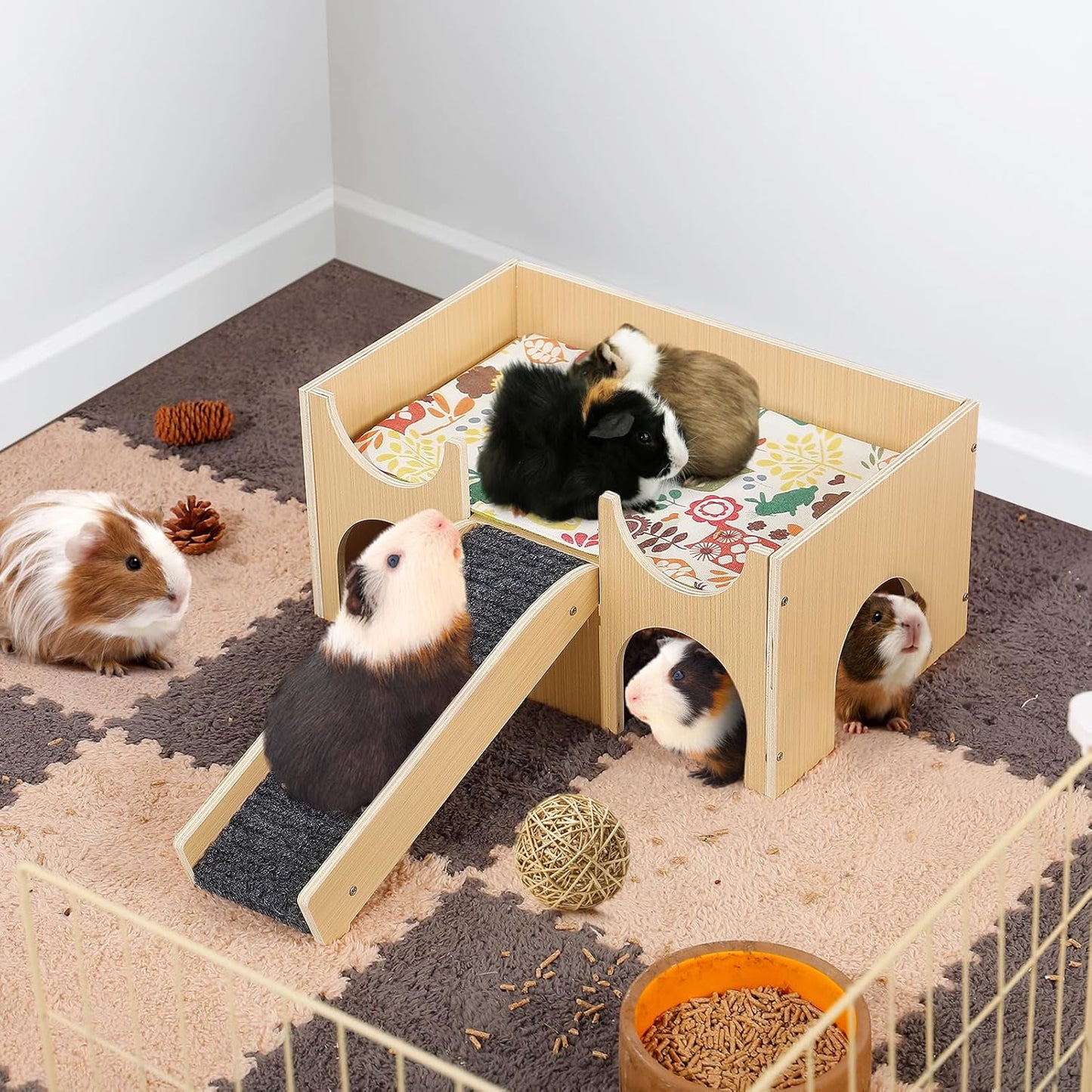 Upgraded Guinea Pig Castle, Sturdy Wooden Guinea Pig Hideout, Small Animal House Bed Hut Habitats with Stairs, Easy to Assemble for Hamsters Bunny Chinchillas Playing Hiding