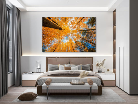 Nature Wall Art Prints - Ocean Forest Mountain Lake Canvas Landscapes - Small to Extra Large Living Room Bedroom Kitchen Bathroom Décor (Blue Sky Through Yellow Autumn Trees, 35L" x 53W" - 3 Panels)