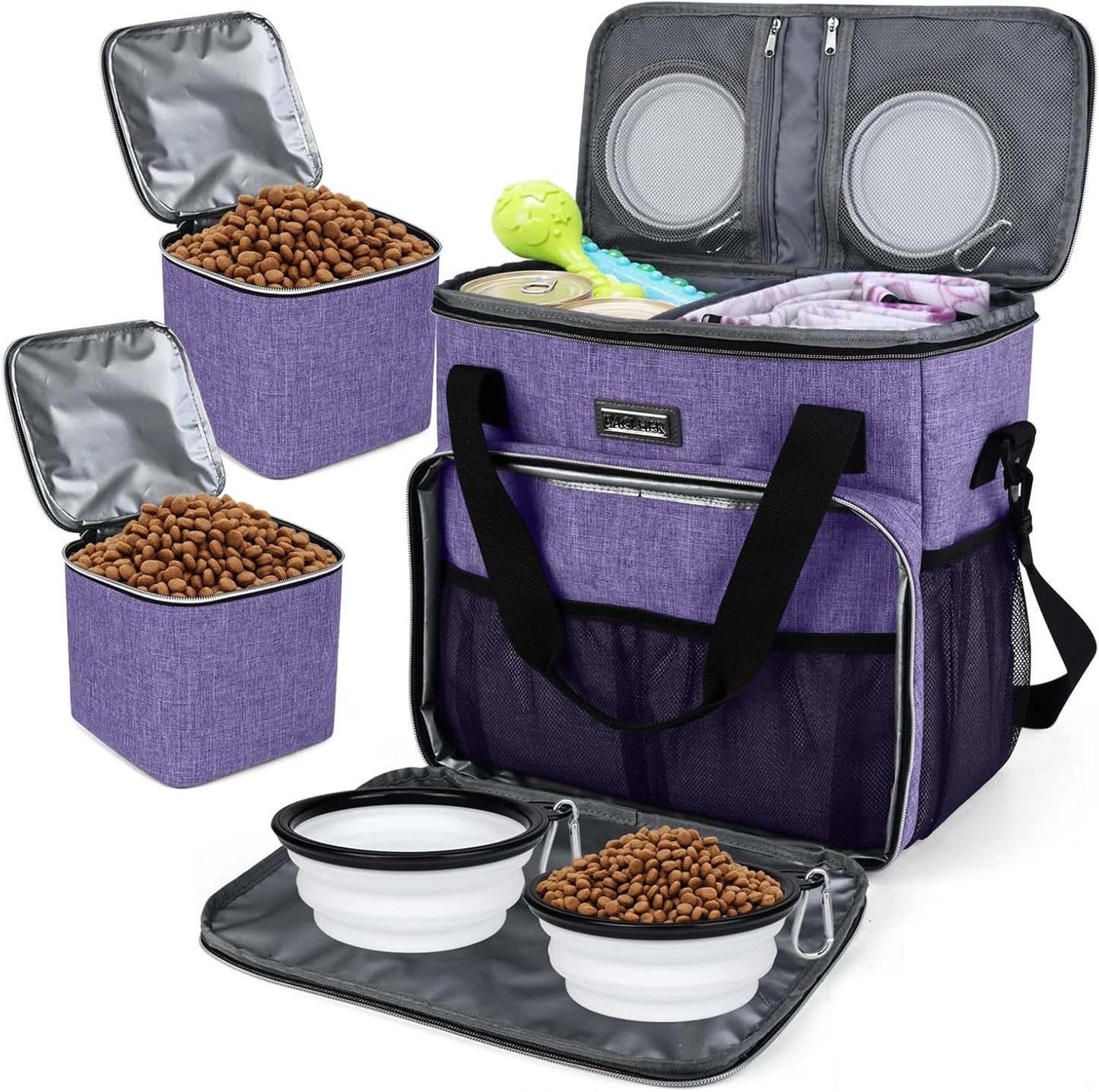 BAGLHER Dog Travel Bag, Pet Travel Bag (ALL Pet Travel Supplies), With 2 Pet Food Containers and 2 Collapsible Silicone Bowls; Essential Kits for Pet Travel Purple