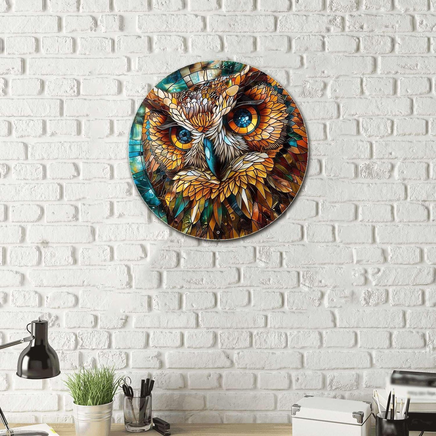Lygond Metal Sign Tin Sign Circular Stained Glass Owl Metal Garden Sign for Club 12×12 Inches