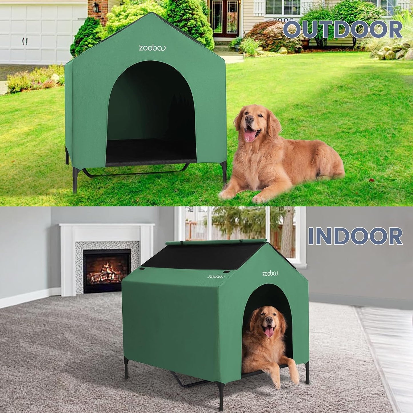 42" 2-in-1 Dog House for Medium Dogs, Elevted Dog House Outdoor/Indoor, Puppy Shelter Outside,Water Resistant 600D PVC and Durable 2x1 Textilene Raised Dog Bed(Green)