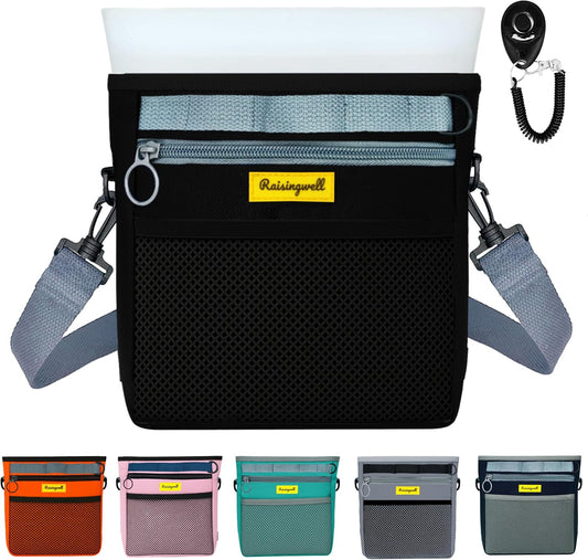 Dog Treat Pouch with Magnetic Closure 4-Cup Silicone Bag Fanny Pack Holder with Clicker 4 Ways to Wear Front Pocket Fits All Phones Ideal for Leash, Pet Walking and Training(Black)