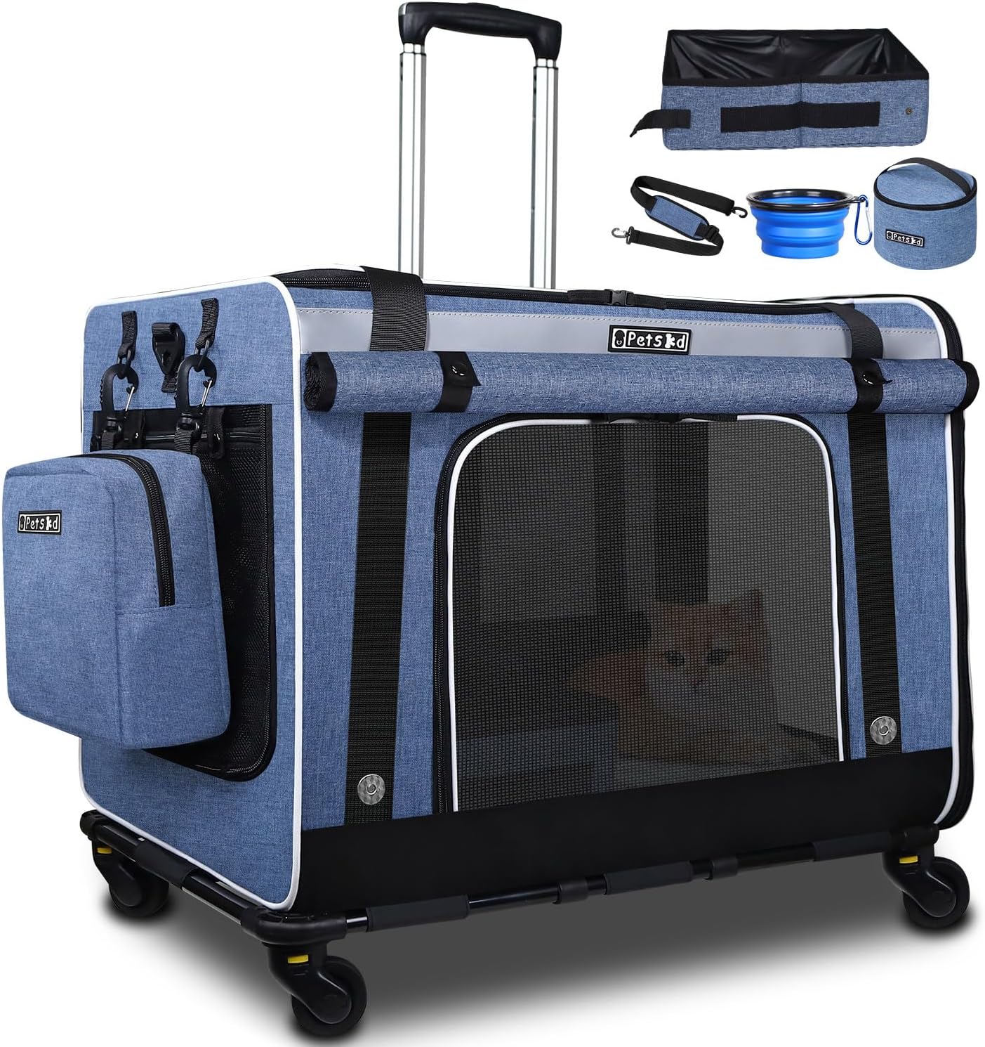 Petskd Extra Large Cat Carrier with Wheels and Litter Box, 24"x17"x17" Rolling Soft Carrier Until 55LBS Pets with 5 Breathable Mesh Windows and Locking Zippers for Long Distance Car Travel(Blue)