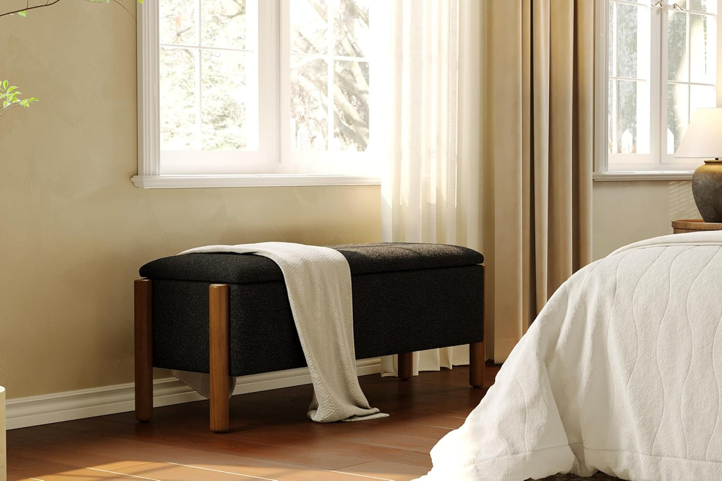 Modern Storage Benches with Walnut Wood Legs, 47'' Ottoman Bench with 20 Gallons Storage Space for Bedroom End of Bed, Fabric Upholstered Entryway Bench with Seating for Livingroom, Black