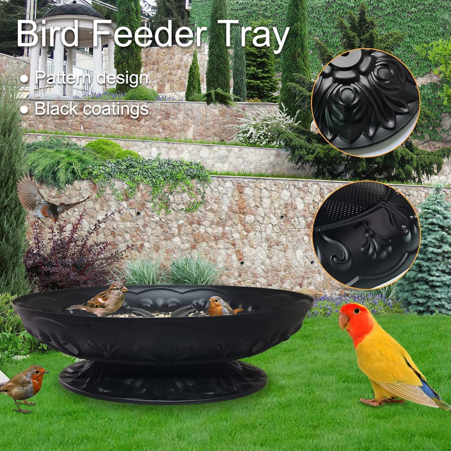 Ground Platform Bird Feeder Tray,11” Metal Large Standing Bird Feeder Mesh Seed Tray,for Outdoor Garden (Black-1 Pack)