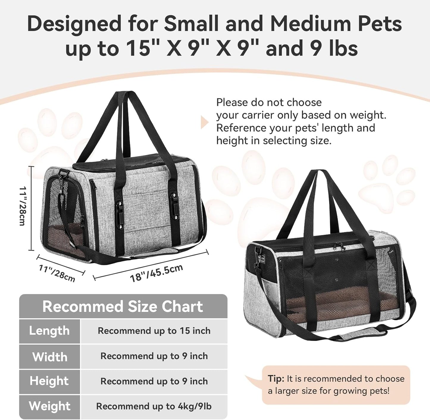 PETSFIT Soft-Sided Cat Carriers & Car Seats with Patent Safe Buckles, Clip-On Harness,18"x11"x11" Airline Approved Pet Carrier - 9 lbs Capacity,Grey