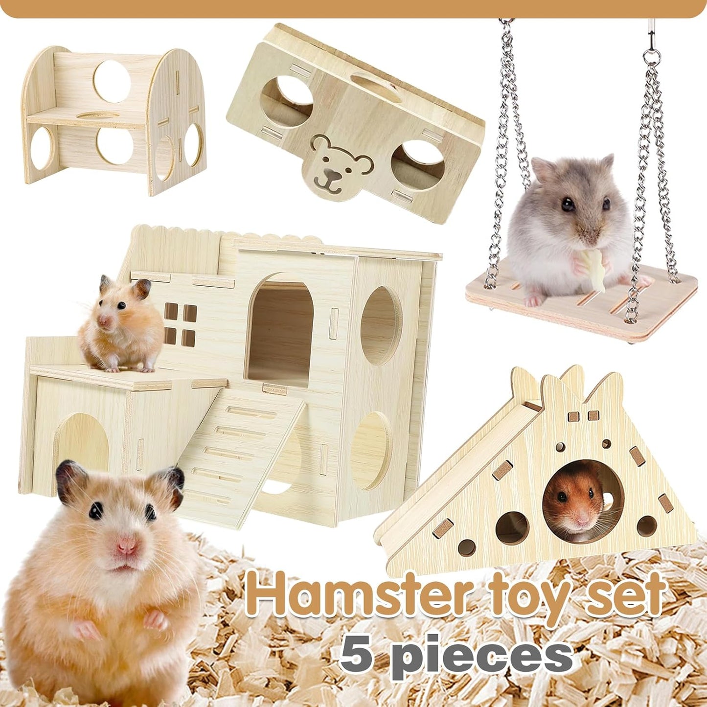 Hamster Toys 5-Piece Set ,Hamster House, Swing, Climbing Ladder, Seesaw & Exercise Wheel,Pet DIY Sport Exercise Toys Set, Small Animal Habitat Accessories ,Gerbils, Mice(Natural Wood)