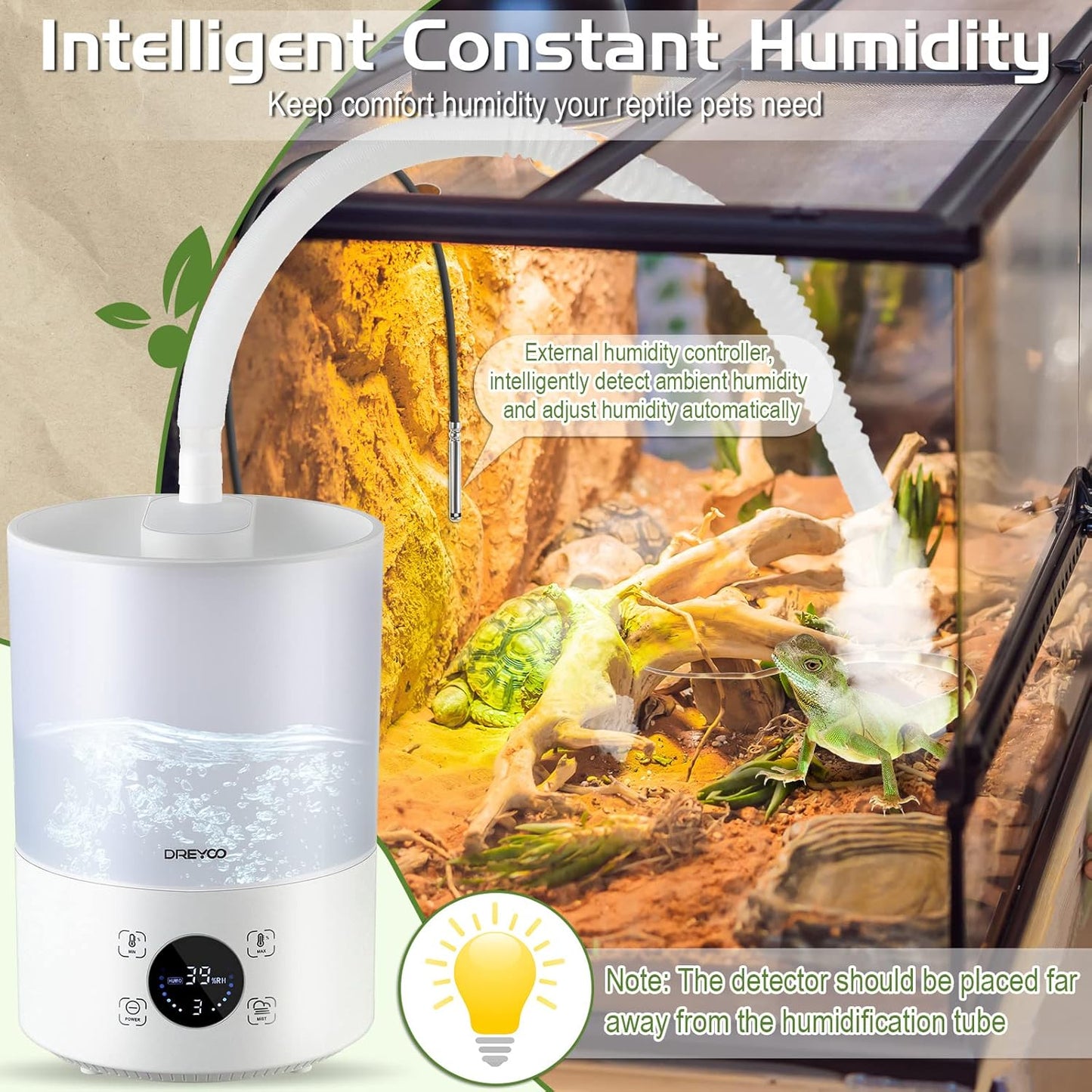 Smart Reptile Fogger Humidifiers with Humidity Control, Reptile Terrarium Humidifier Smart Touch, 3 Grades Adjustable Fogger with Hose for Reptile Amphibians Herps Snakes Plants