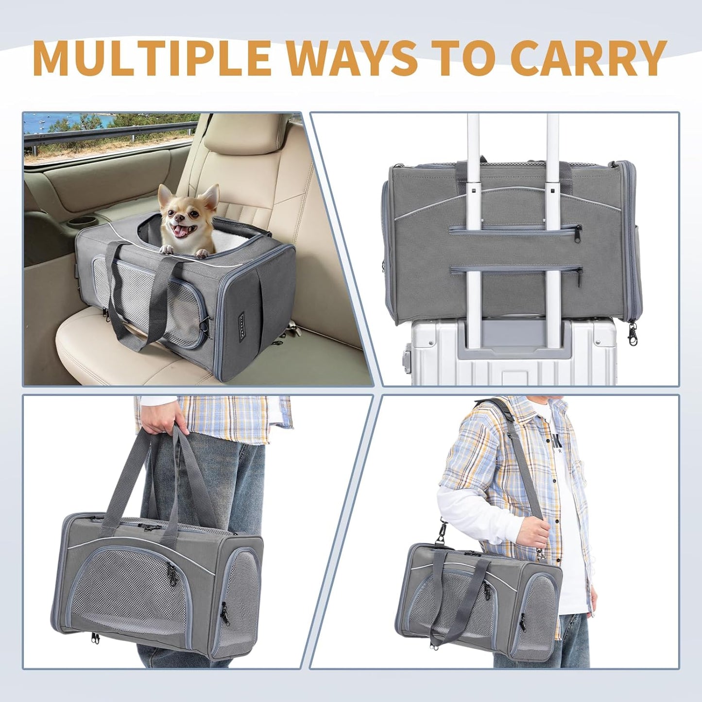Petsfit Airline Approved Pet Carrier for Small Dogs & Cats, 19x9x12 TSA Approved Carrier, with Removable Dual-Sided Padding (2-Way Placement) - Fits Under Most Airplane Seats, Escape Proof (Gray)