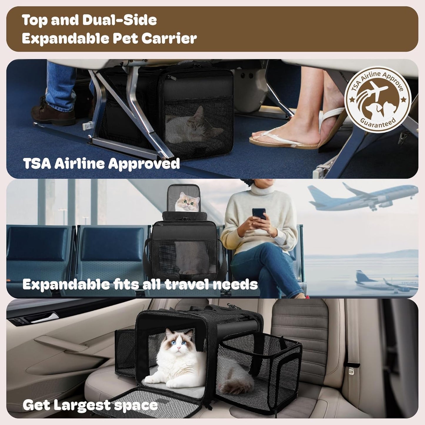 Top and 2 Sides Expandable Cat Carrier 17x11x11, TSA Airline Approved Dog Carriers for Medium Dogs, Soft-Sided Pet Carrier with Self-Locking Zippers for Kitten,Rabbit, Puppy, Guinea Pig Black