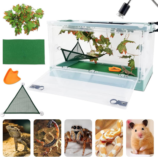 Travel Portable Foldable Terrarium Kits for Reptiles -Heat-Resistant Material, Easy to Move with Wheels, Includes Plant, Feeding Bowl, and Carpet for Snakes, Lizards, Tortoises, and Leopard