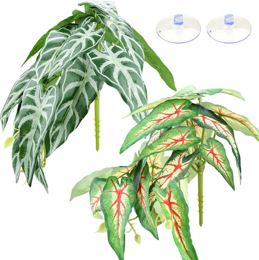 2 Pack Reptile Plants for Terrarium, Artificial Leaves Habitat Decorations with Suction Cups, Terrarium Hanging Plants Vines for Bearded Dragons Lizards Snake Geckos Frogs - red and White
