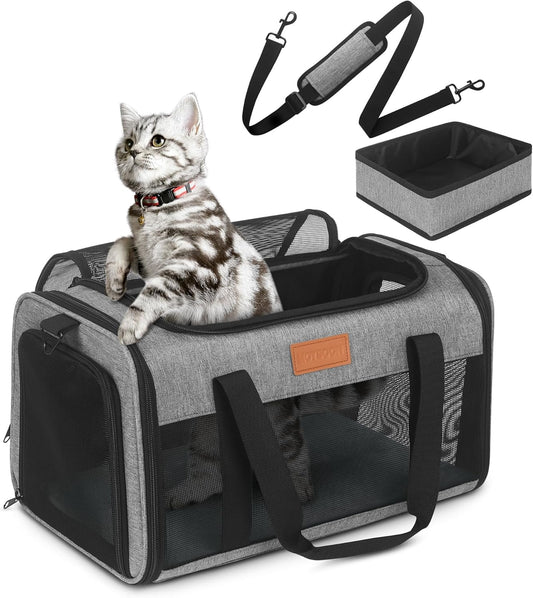 PETUX Pet Carrier Airline Approved, 17"x11"x9.5" Cat Carrier Soft with Anti-Scratch Mesh for Small Cats up to 12 lb, Top Open Portable Dog Carriers with Little Box for Puppy up to 10 lb (Grey)