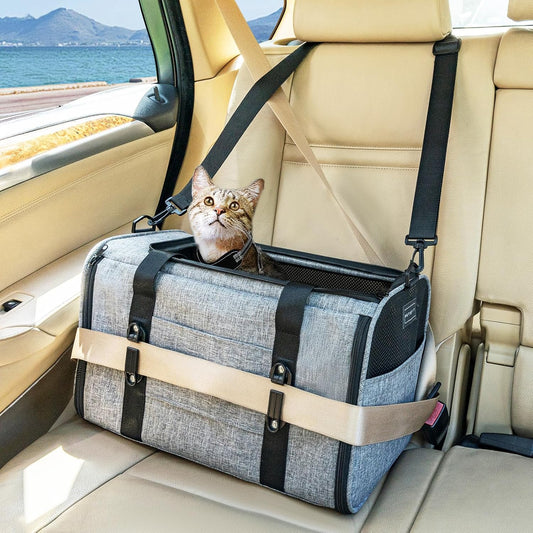 PETSFIT Soft-Sided Cat Carriers & Car Seats with Patent Safe Buckles, Clip-On Harness,18"x11"x11" Airline Approved Pet Carrier - 9 lbs Capacity,Grey